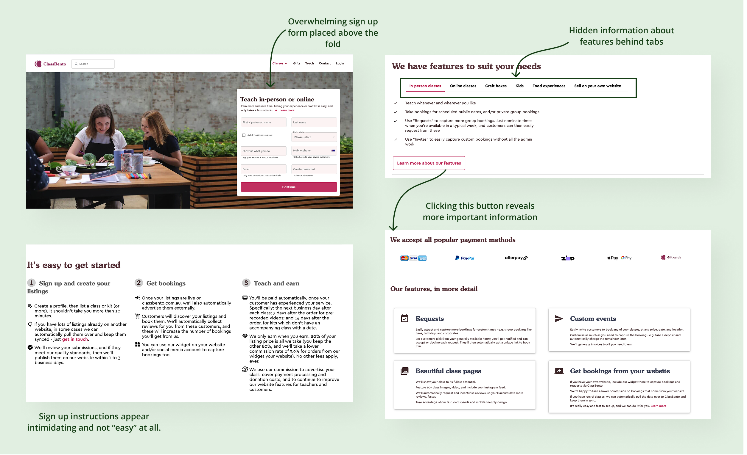 Annotated audit of the previous landing page showing overwhelming sign-up forms, hidden information, and intimidating instructions.